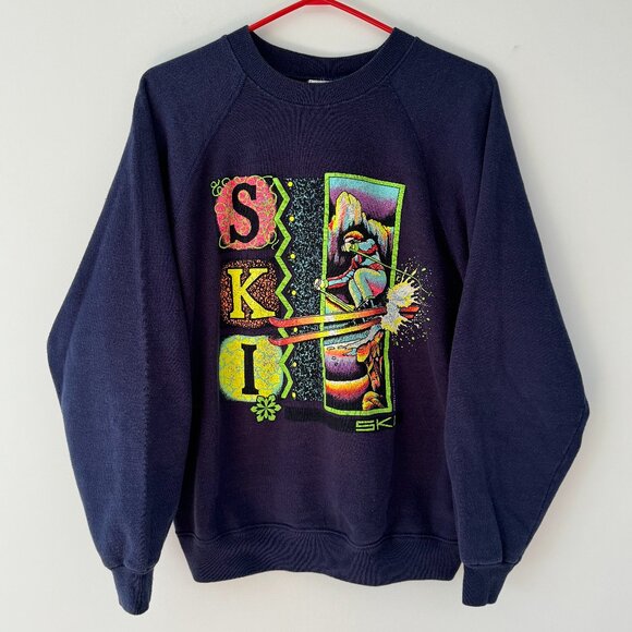 90s vintage navy blue outdoor winter sports skiing ski graphic pullover sweater - Picture 1 of 9